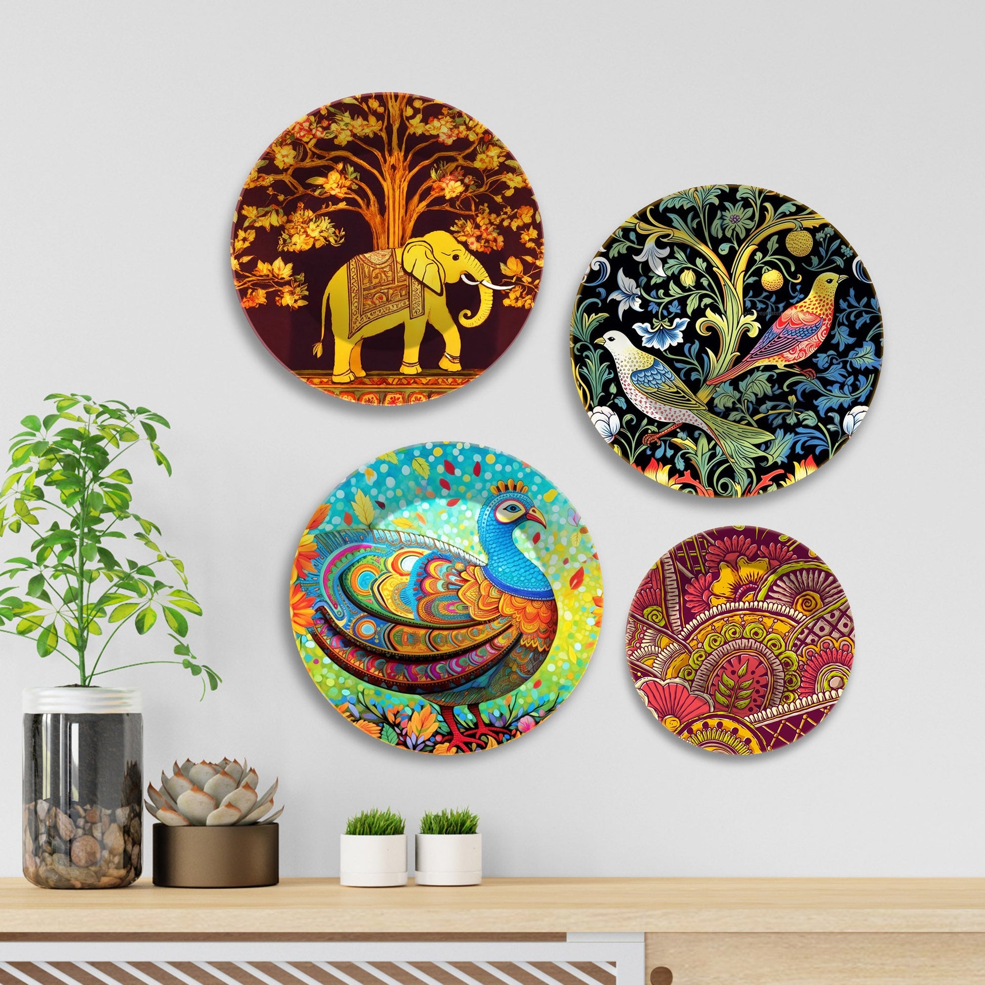 Colorful Art Birds and Elephant Wall Plates Painting Set of Four