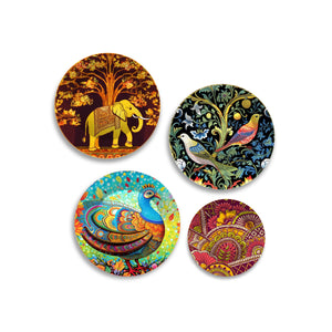 Colorful Art Birds and Elephant Wall Plates Painting Set of Four