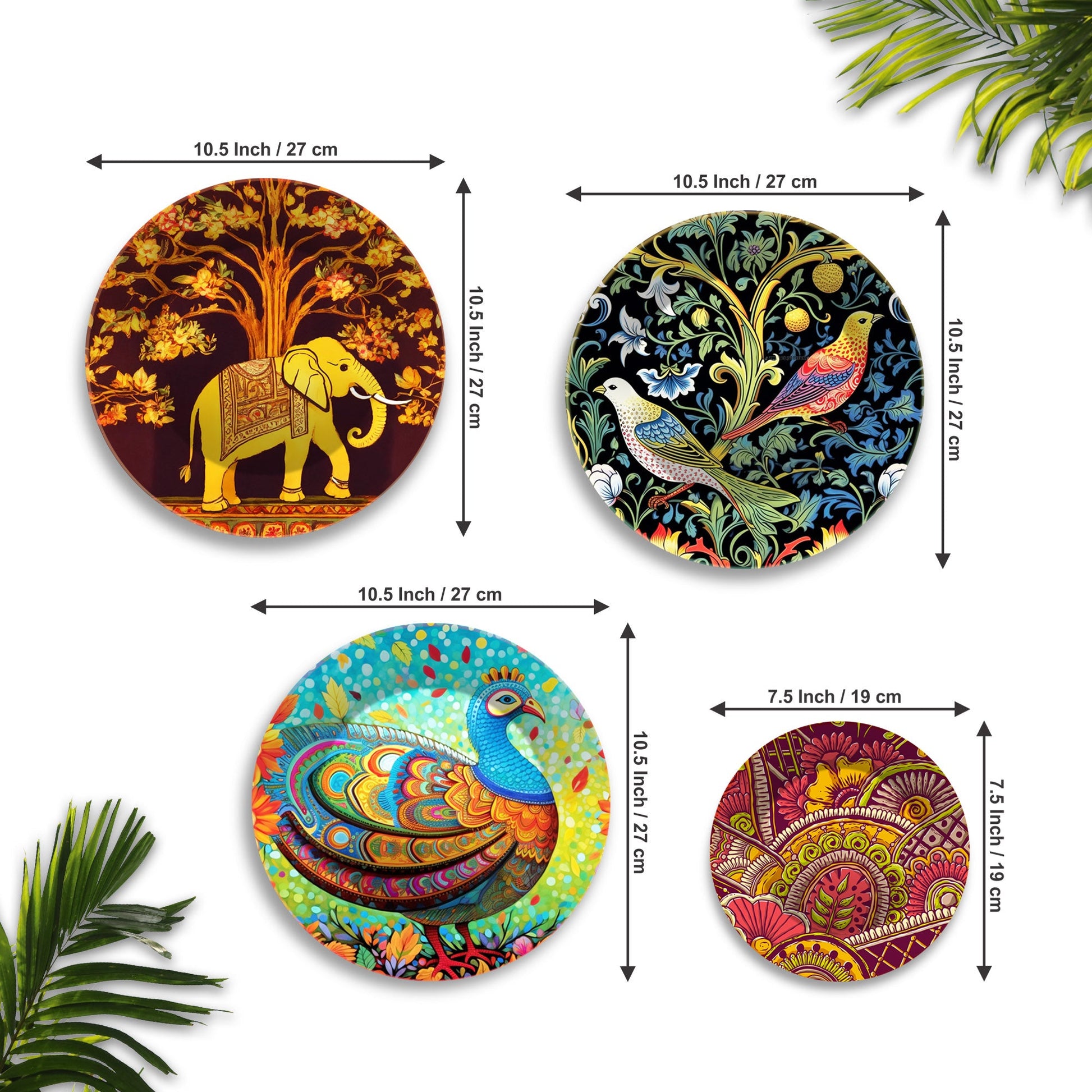 Colorful Art Birds and Elephant Wall Plates Painting Set of Four