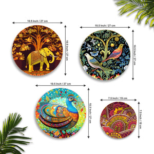 Colorful Art Birds and Elephant Wall Plates Painting Set of Four