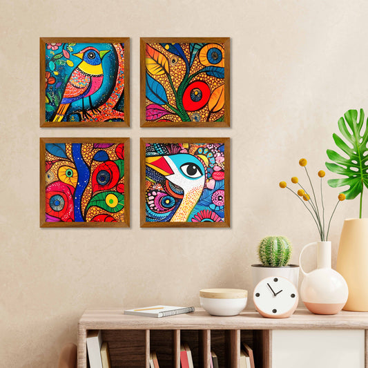 Colorful Bird and Pattern Wall Frame Set of Four