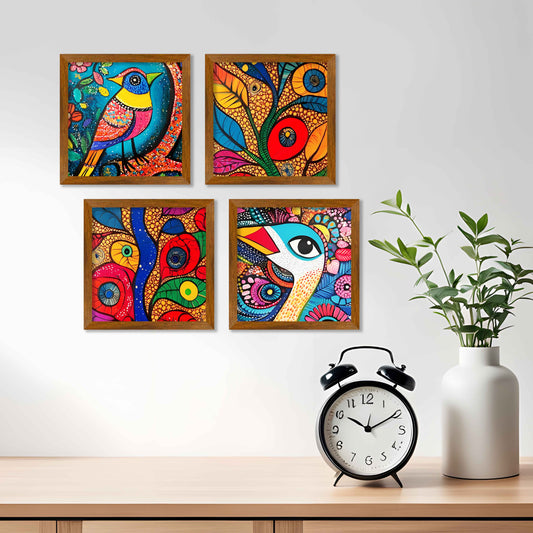 Colorful Bird and Pattern Wall Frame Set of Four