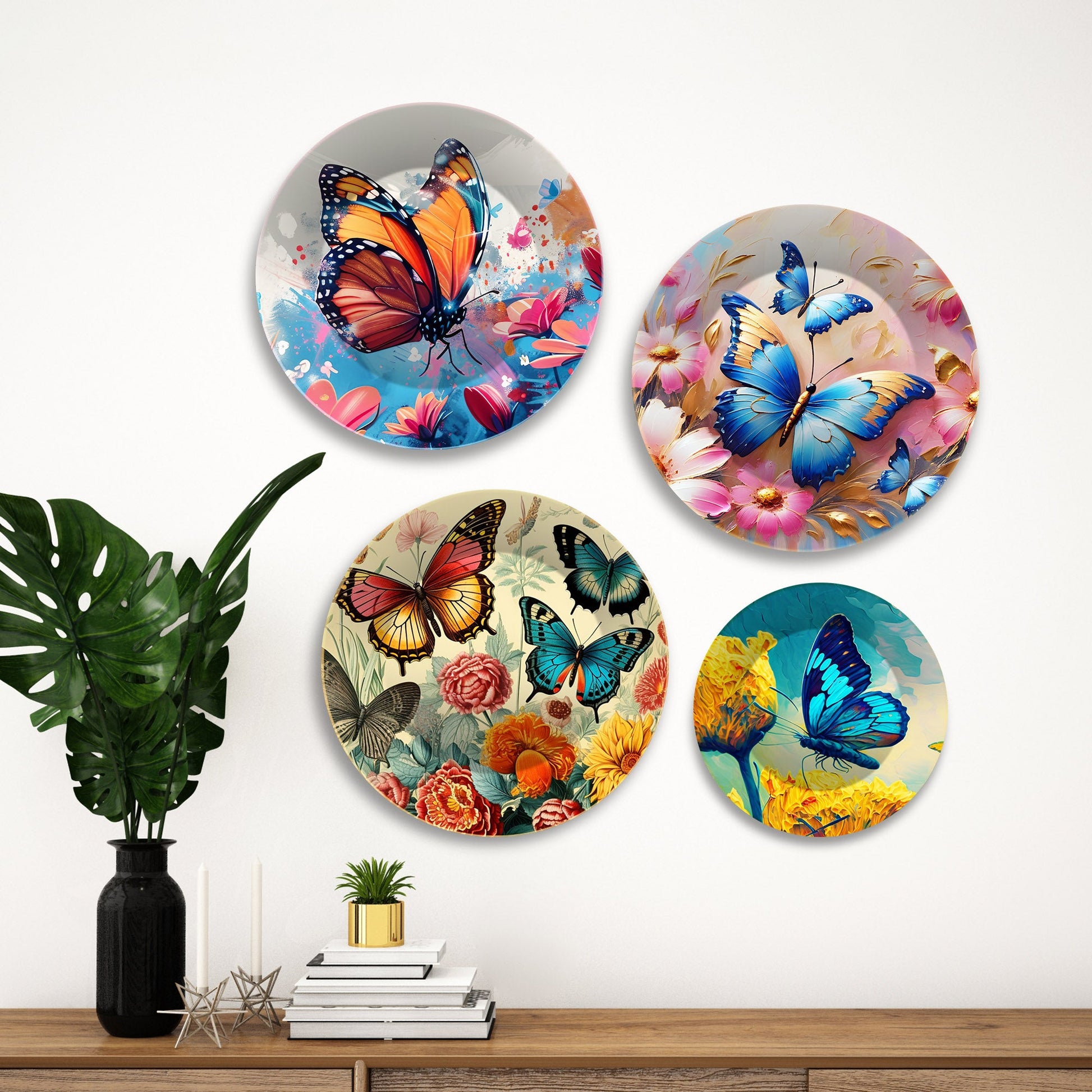 Colorful Butterflies Premium Wall Plates Painting Set of Four