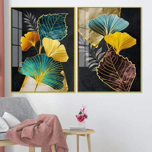 Colorful Ginkgo Leaves Acrylic Art Floating Wall Painting Set of 2