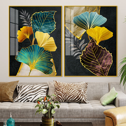 Colorful Ginkgo Leaves Acrylic Art Floating Wall Painting Set of 2