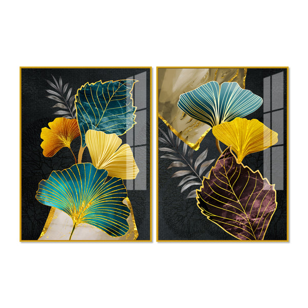 Colorful Ginkgo Leaves Acrylic Art Floating Wall Painting Set of 2