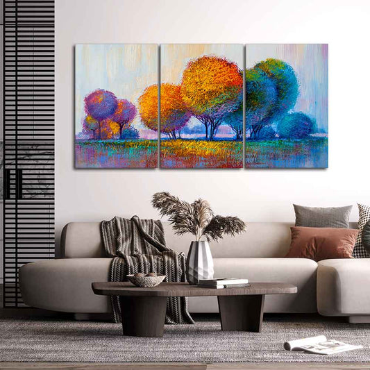 Colorful Round Trees Canvas Wall Painting of 3 Pieces