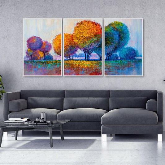 Colorful Rounded Trees Floating Canvas Wall Painting Set of Three