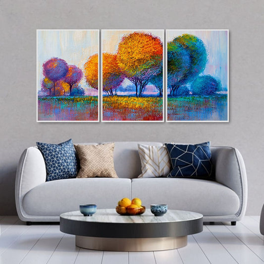 Colorful Rounded Trees Floating Canvas Wall Painting Set of Three