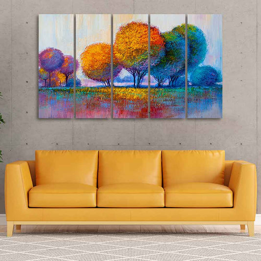 Colorful Trees Premium Canvas Wall Painting of Five Pieces