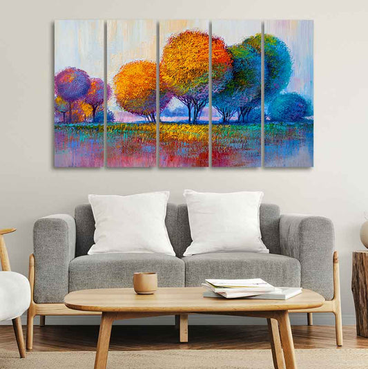 Colorful Trees Premium Canvas Wall Painting of Five Pieces