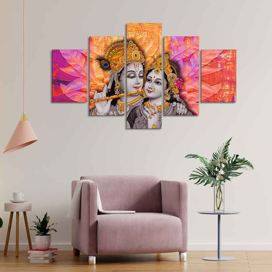 Colorful Wall Painting of Lord Radha Krishna of Five Pieces