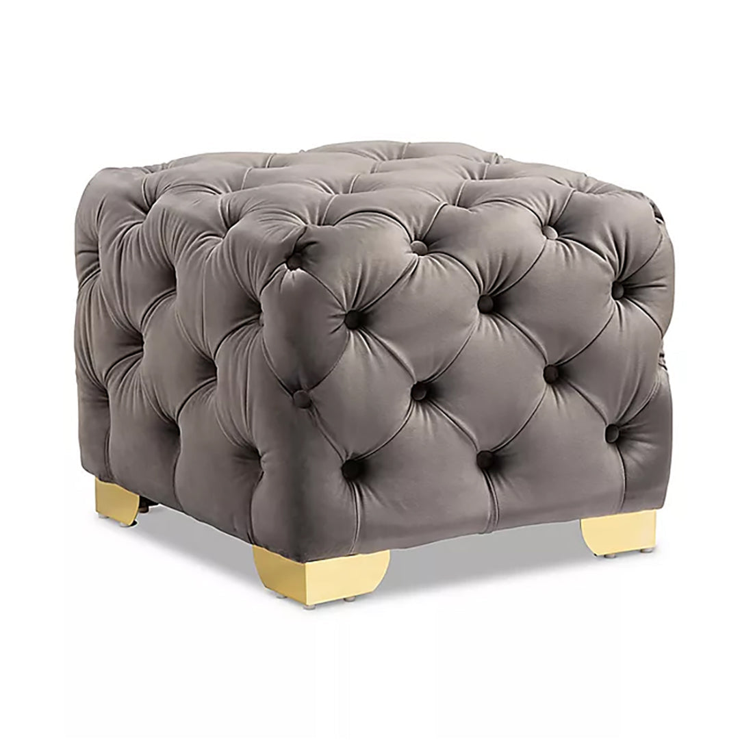 Comfy Square Shape Grey Color Velvet Ottoman with Golden Metal Finish