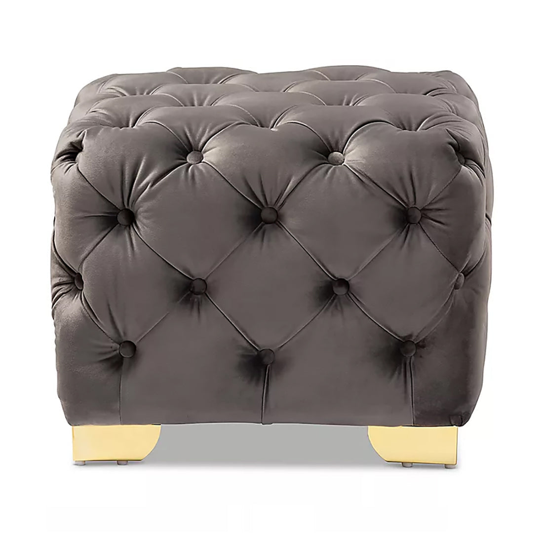 Comfy Square Shape Grey Color Velvet Ottoman with Golden Metal Finish