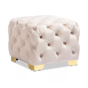 Comfy Square Shape Pink Velvet Ottoman with Golden Metal Finish