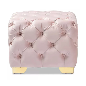 Comfy Square Shape Pink Velvet Ottoman with Golden Metal Finish