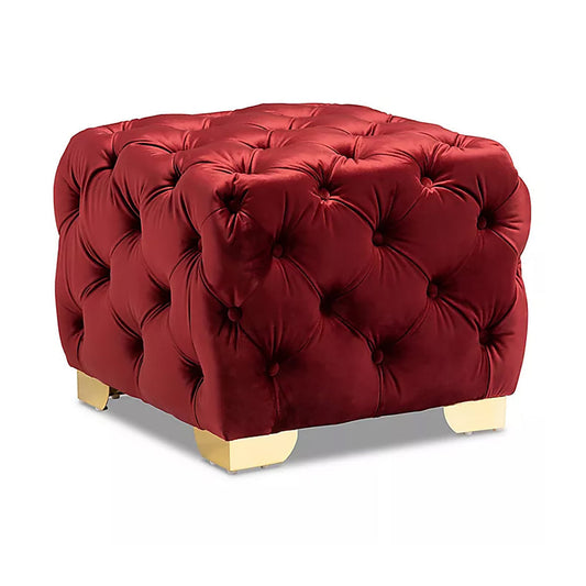 Comfy Square Shape Royal Red Velvet Ottoman with Golden Metal Finish