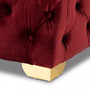 Comfy Square Shape Royal Red Velvet Ottoman with Golden Metal Finish