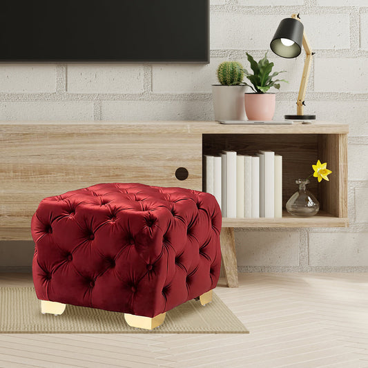 Comfy Square Shape Royal Red Velvet Ottoman with Golden Metal Finish