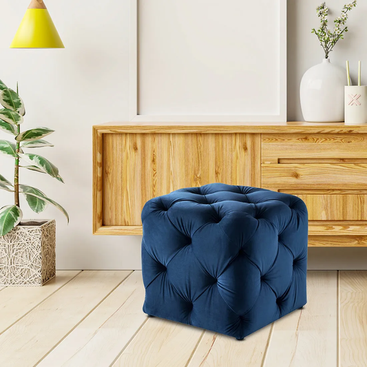 Comfy Square Shaped Dark Blue Artistic Design Tufted Velvet Ottoman