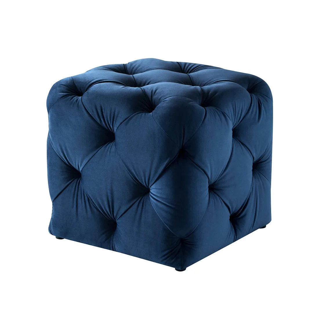 Comfy Square Shaped Dark Blue Artistic Design Tufted Velvet Ottoman