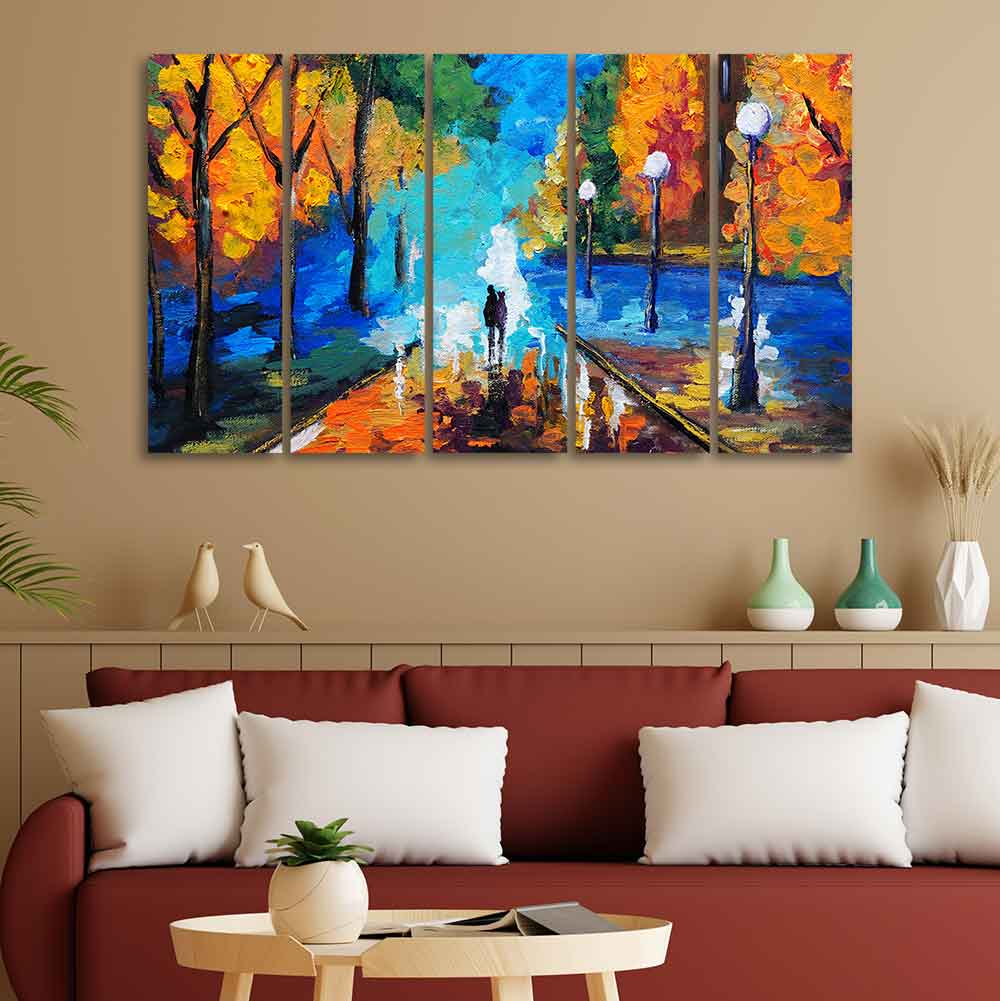 Couple Walking in City Park Canvas Wall Painting of 5 Pieces