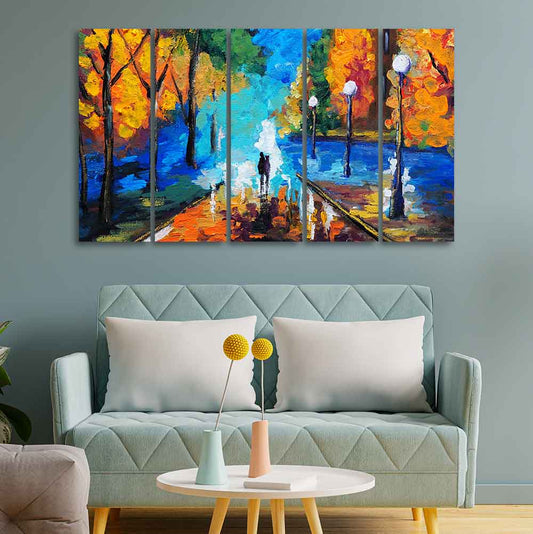 Couple Walking in City Park Canvas Wall Painting of 5 Pieces