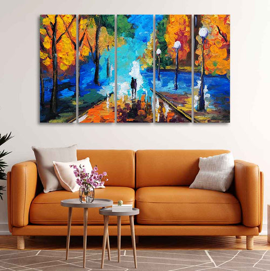 Couple Walking in City Park Canvas Wall Painting of 5 Pieces