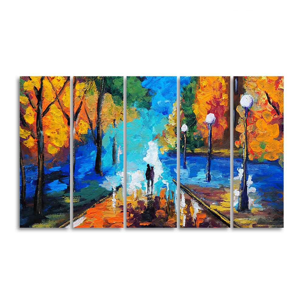 Couple Walking in City Park Canvas Wall Painting of 5 Pieces