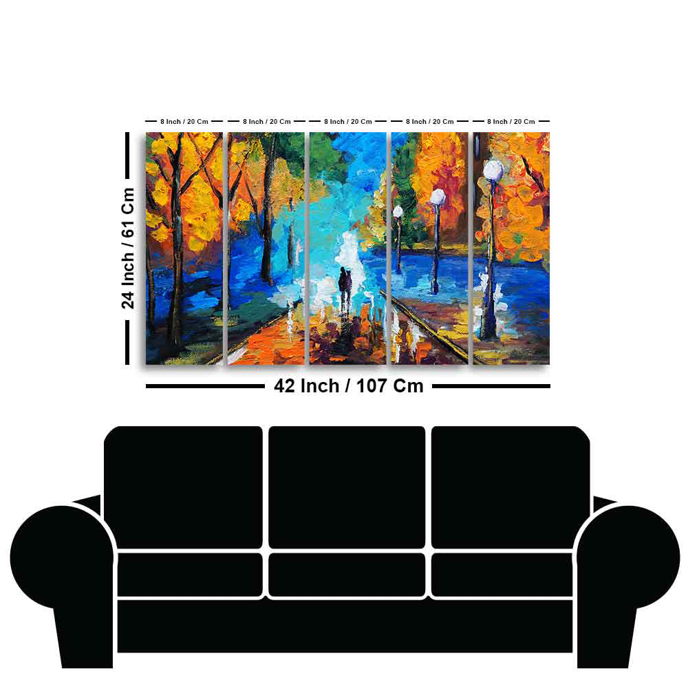 Couple Walking in City Park Canvas Wall Painting of 5 Pieces