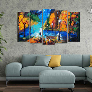 Couple Walking in City Park Canvas Wall Painting Set of Five