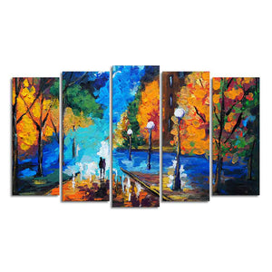 Couple Walking in City Park Canvas Wall Painting Set of Five