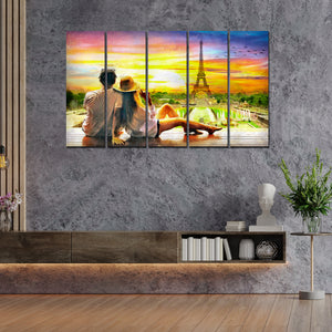 Couple Watching Sunset Paris Canvas Wall Painting 5 Pieces