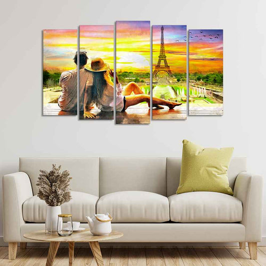 Couple Watching Sunset Paris Canvas Wall Painting of Five Pieces