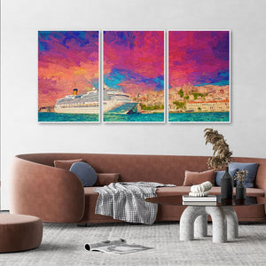 Cruise Ship at Harbour Floating Canvas Wall Painting Set of Three