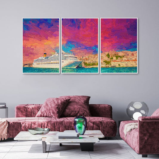 Cruise Ship at Harbour Floating Canvas Wall Painting Set of Three