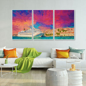 Cruise Ship at Harbour Floating Canvas Wall Painting Set of Three