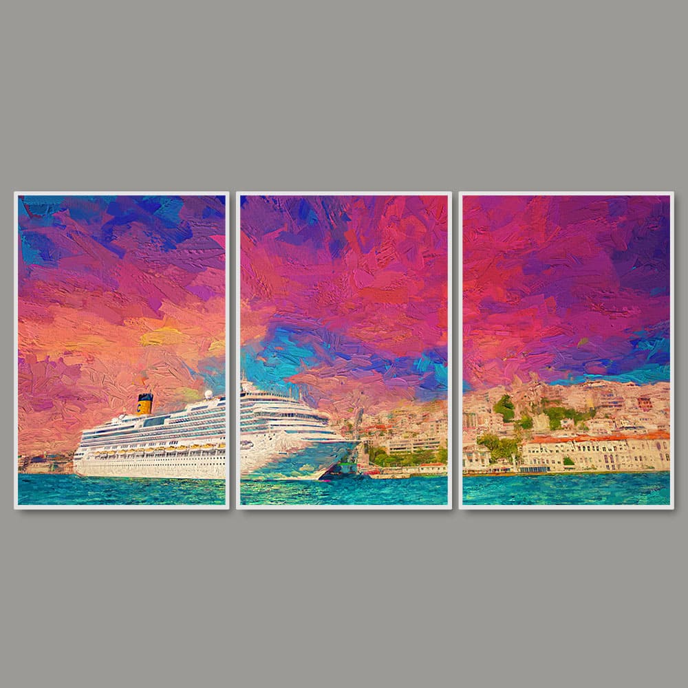 Cruise Ship at Harbour Floating Canvas Wall Painting Set of Three