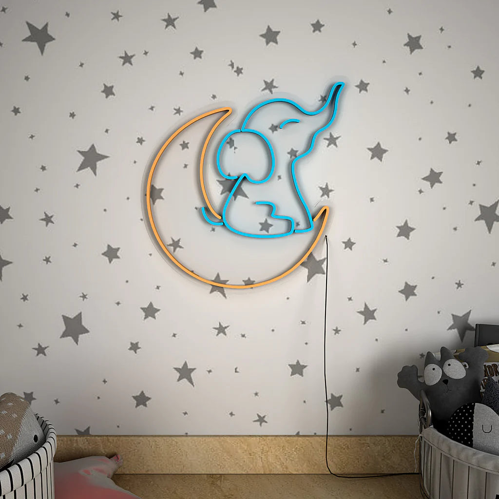 Cute Elephant on Moon Neon LED Light