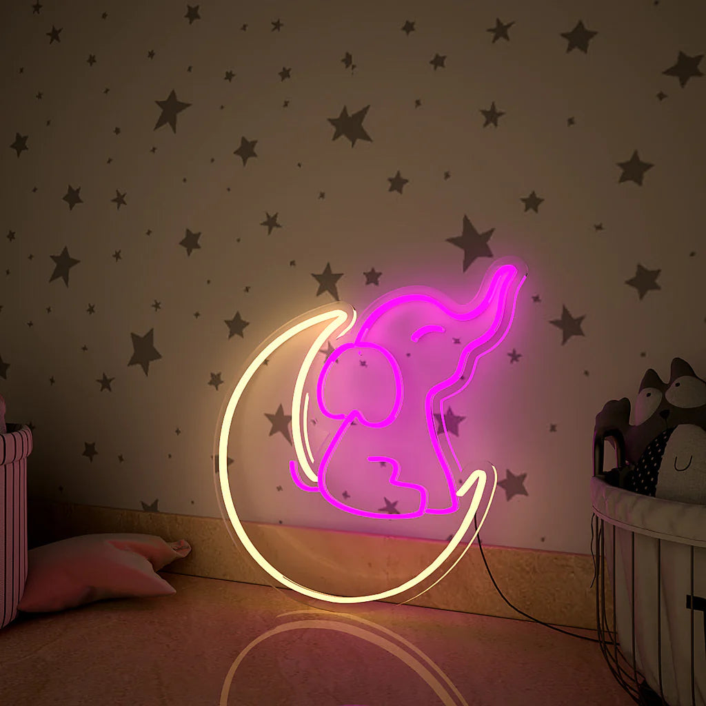 Cute Elephant on Moon Neon LED Light