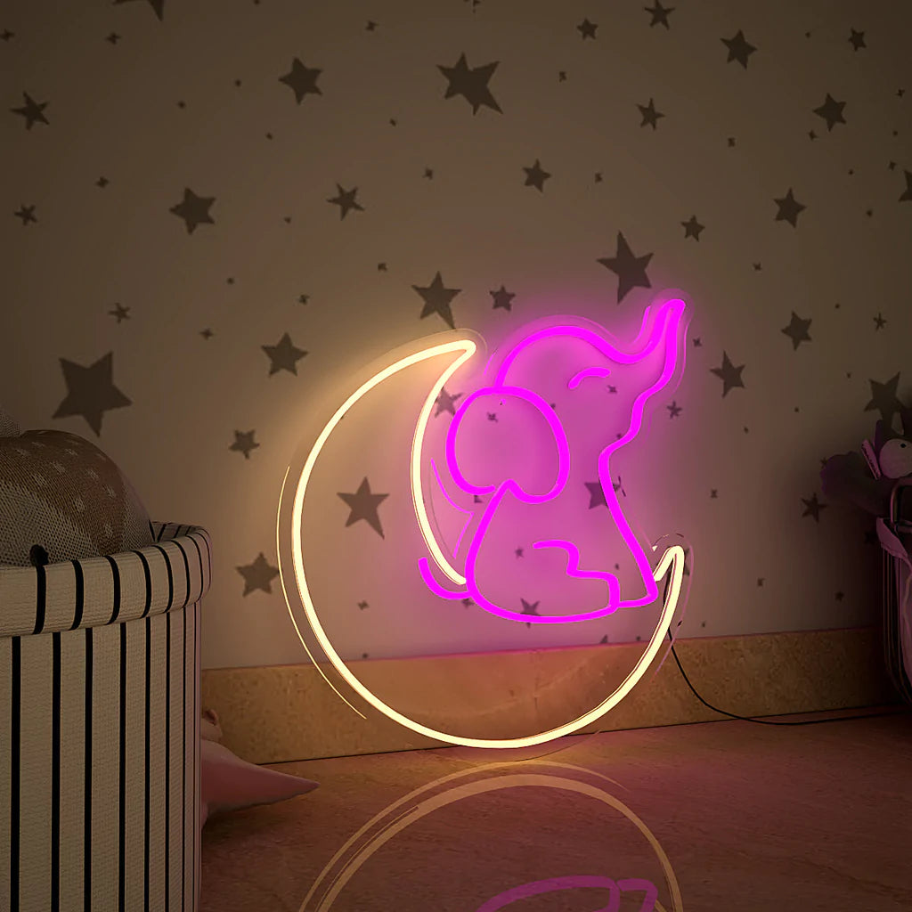 Cute Elephant on Moon Neon LED Light