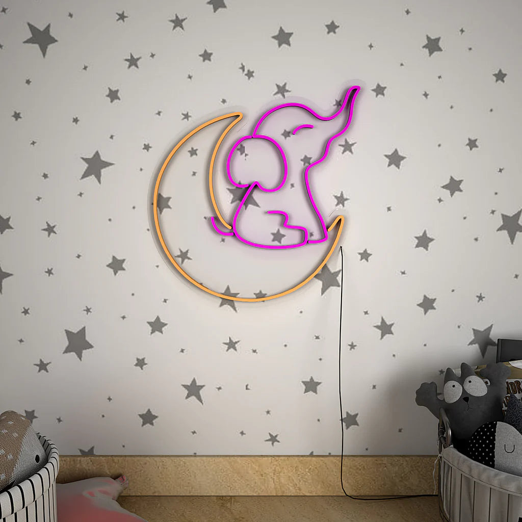 Cute Elephant on Moon Neon LED Light