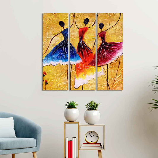 Dancing Women Warli Art Wall Painting Set of 3 Pieces