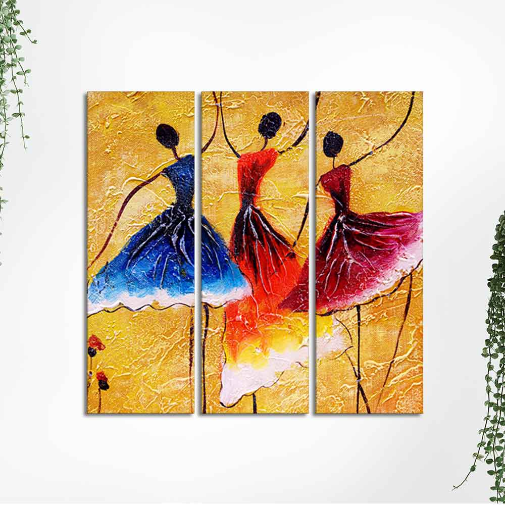 Dancing Women Warli Art Wall Painting Set of 3 Pieces