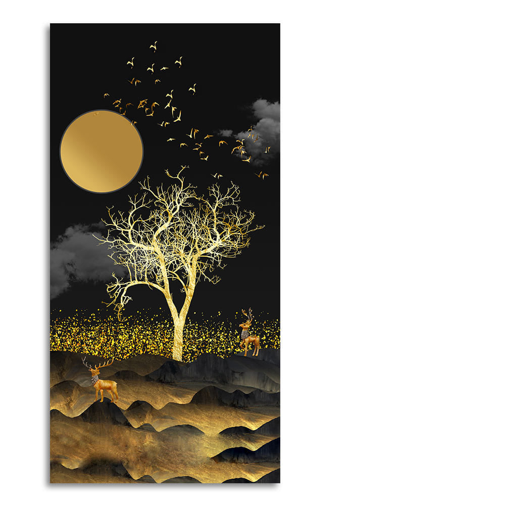 Dark Moon Light with Golden Birds Premium Canvas Wall Painting