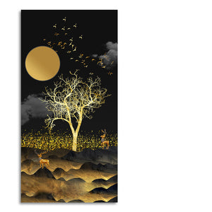 Dark Moon Light with Golden Birds Premium Canvas Wall Painting