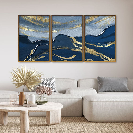 Dark Mountains and Golden Sky Premium Floating Canvas Wall Painting Set of Three