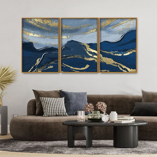 Dark Mountains and Golden Sky Premium Floating Canvas Wall Painting Set of Three