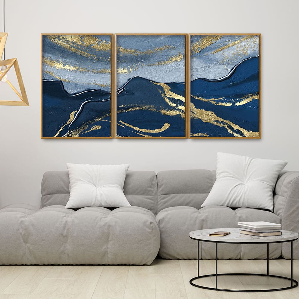 Dark Mountains and Golden Sky Premium Floating Canvas Wall Painting Set of Three