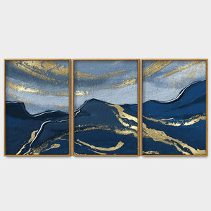 Dark Mountains and Golden Sky Premium Floating Canvas Wall Painting Set of Three